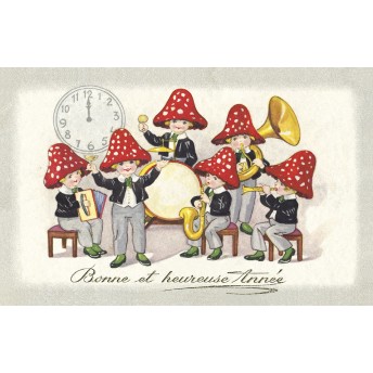 Postcard musicians mushrooms
